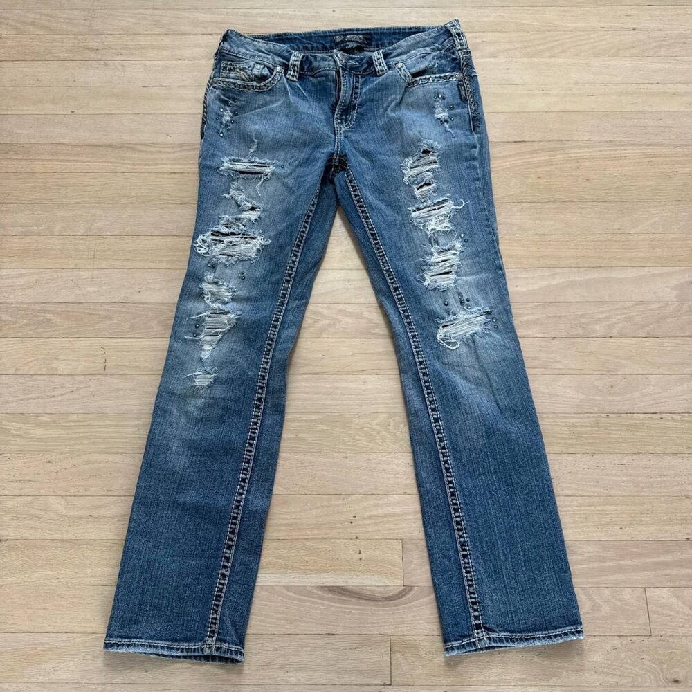 Silver Jeans Super Slim Flap Western Bootcut Distressed Blue Women's W32 L30
